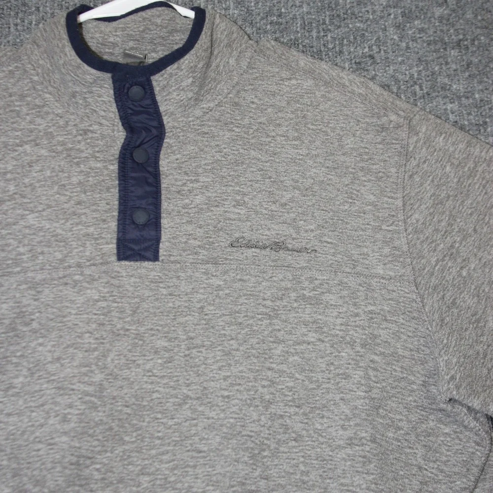 Eddie Bauer Snap Mock‎ Neck Pullover Mens L Gray Fleece Sweatshirt Pocket